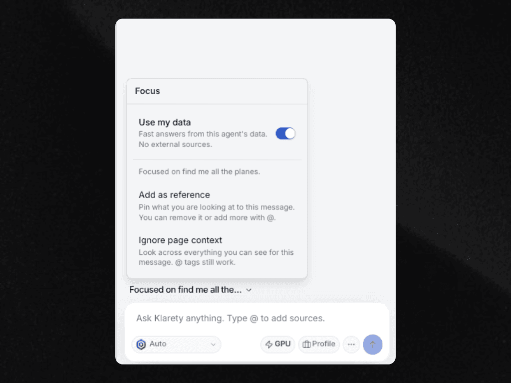 Klarety AI focus panel answering from your lakehouse data