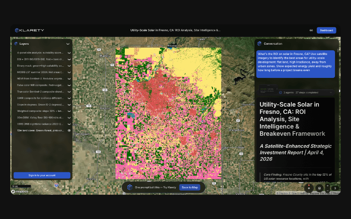 Klarety AI agent workspace running a live geospatial analysis